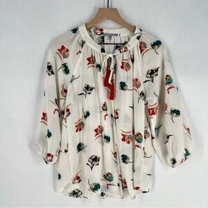 Lemon Tart Floral‎ Print Women's Crepe Chiffon Top Tassel Tie Neck 3/4 Sleeve S